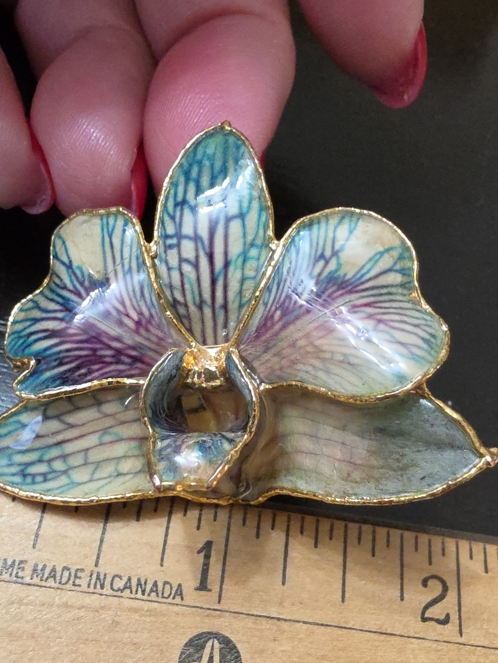 Blue and Purple Orchid Brooch with Gold Trim